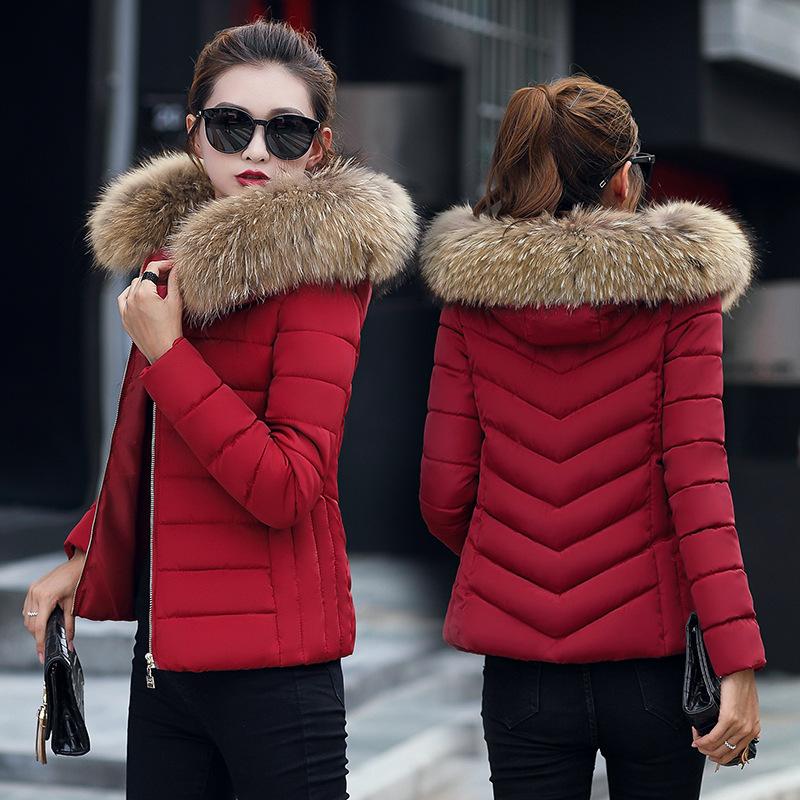Women's large fur-collared cotton-padded clothes, short hooded slim-fitting cotton-padded jackets, multi-color optional winter women's thickened cotto