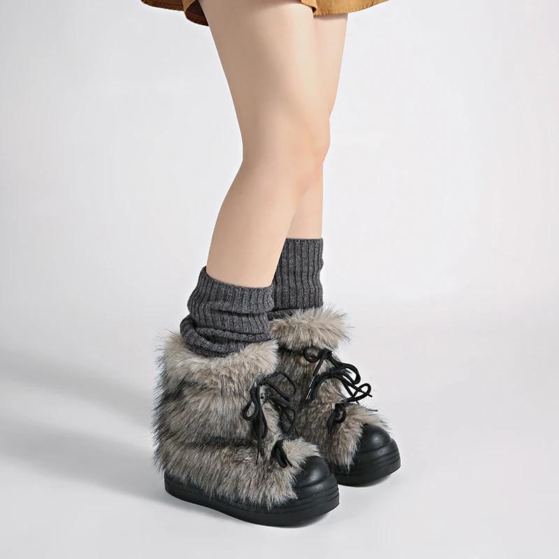 Winter Furry Lace Up Women Snow Boots Concise Height Increase Shoes Female Thick Sole Warm Cotton Short Booties Zapatos De Muje