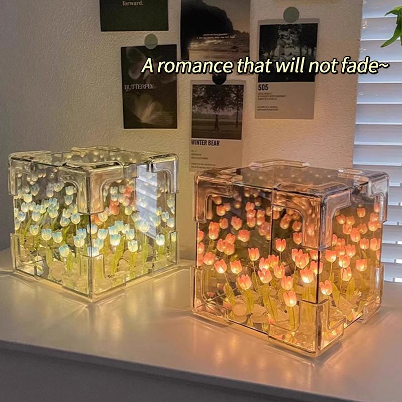 20pcs Flower DIY Tulip Mirrror Pink/Blue/Purple String Light Square Shape 3D Night Light Creative Birthday Handmade Lamp
