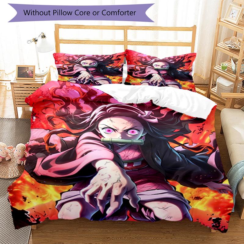 3pcs Demon Slayer Nezuko Pattern Bedding Set Duvet Cover Set Includes Duvet Cover &pillowcases, Perfect All Season Bedroom Decoration & Gift