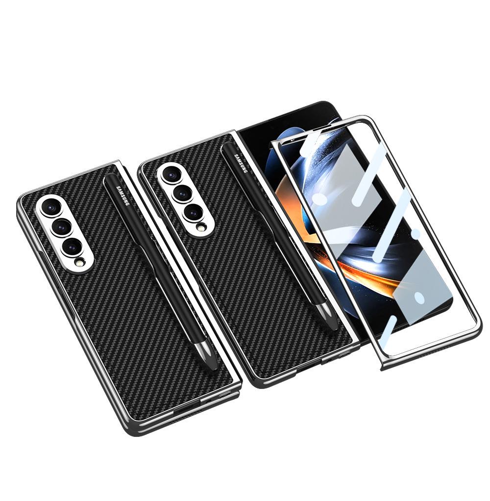 Samsung Z Fold 4 Pen Slot Leather Phone Case with Electroplated Finish and Camera Protection
