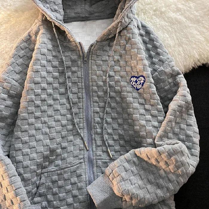 Women s Fall Design Waffle Hooded Jacket Lazy Preppy Style Zipper Top XS