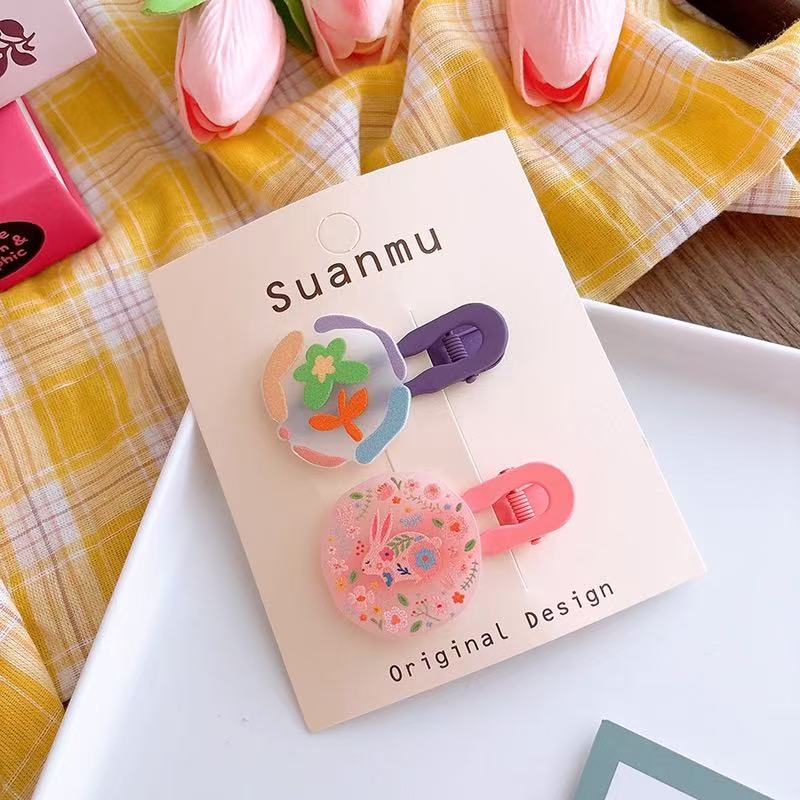 2pcs korean geometric hairpin rainbow color-block girl bangs side clip cute cartoon girl hairpin headwear