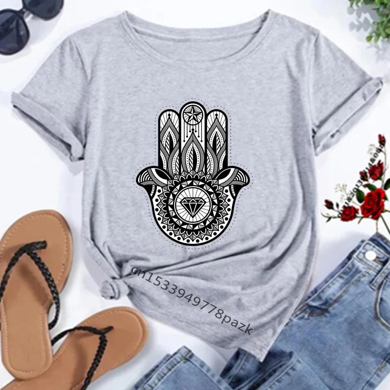 Camisetas con estampado de la mano de Fátima de Hamasa para mujer, camisetas Unisex Harajuku de la mano de Hamsa de la suerte, camisetas negras de manga corta para verano para mujer