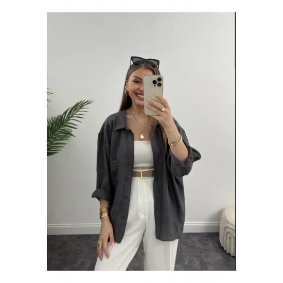 Cămașă de damă cu buzunar supradimensionat, cu umăr în jos