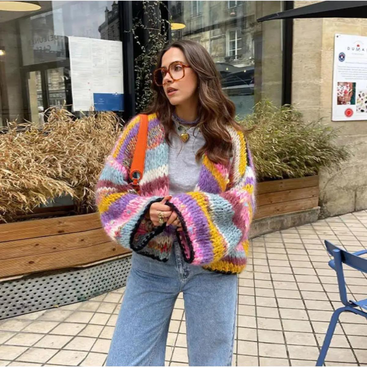 

VAYLA Женский кардиган свитер Разноцветный полосатый вязаный кардиган с длинным рукавом Вязаные куртки Осень Зима Повседневный Универсальный кардиган L