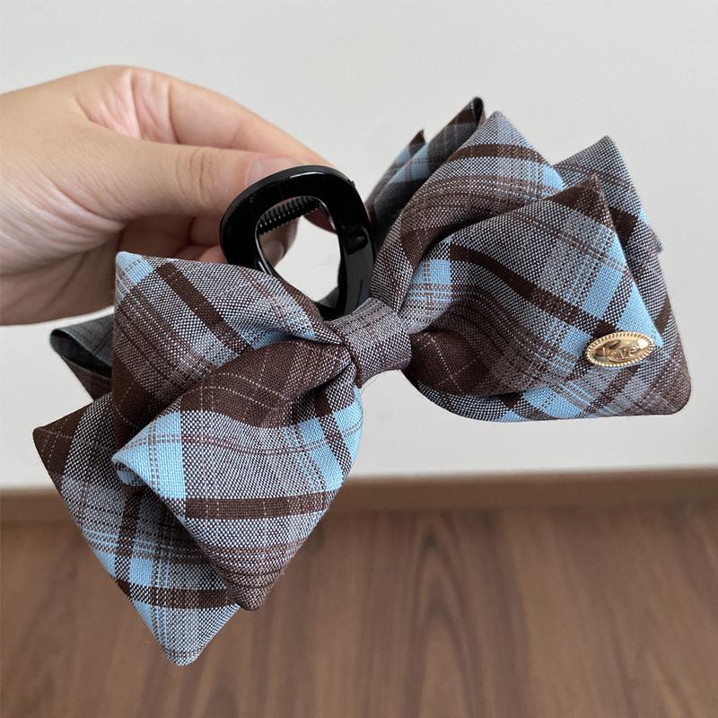 Retro Plaid Shark Clip Korean Temperament Bow Ponytail Clip Hair Accessories
