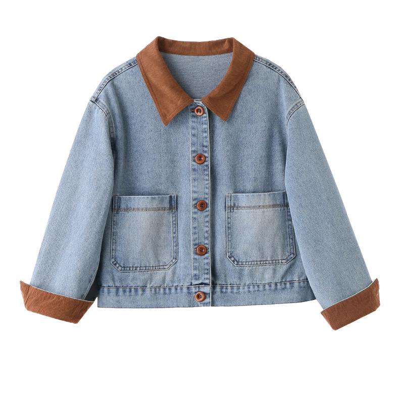 2025 Spring/Fall Retro Color-Block Patchwork Denim Jacket with Turn-Down Collar for Women