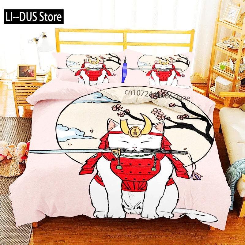 Phechion Samuray Kedi Dövmesi 3D Baskı Yatak Takımı Yorgan Kılıfları Yastık Kılıfları Tek Parça Yorgan Yatak Takımları Yatak Örtüsü Yatak K580