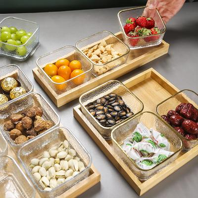 Light Luxury Divided Dry Fruit Plate Household Glass Fruit Snack Plate Bamboo Wood Tray Snack Plate Square Bowl Candy Box
