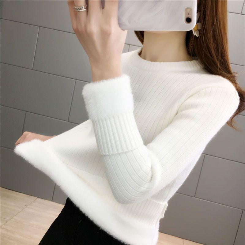 Women Elegant Thicken Velvet Lined Sweater Winter Warm Sueter Fleece Knitted Pullover Slim Round Neck Knitwear