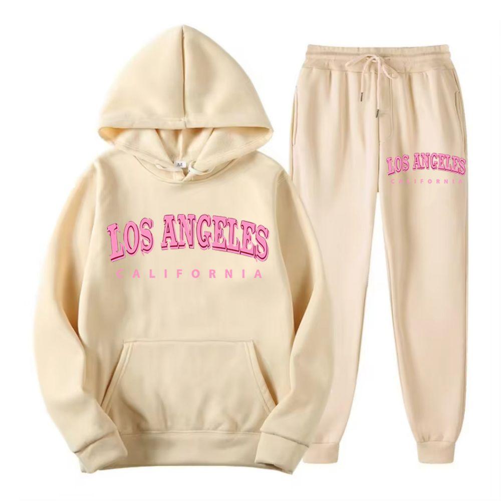 Two Piece Set Street Womens Hoodie & Pants Fleece Pocket Loose Pullover Los Angeles California Print Clothes