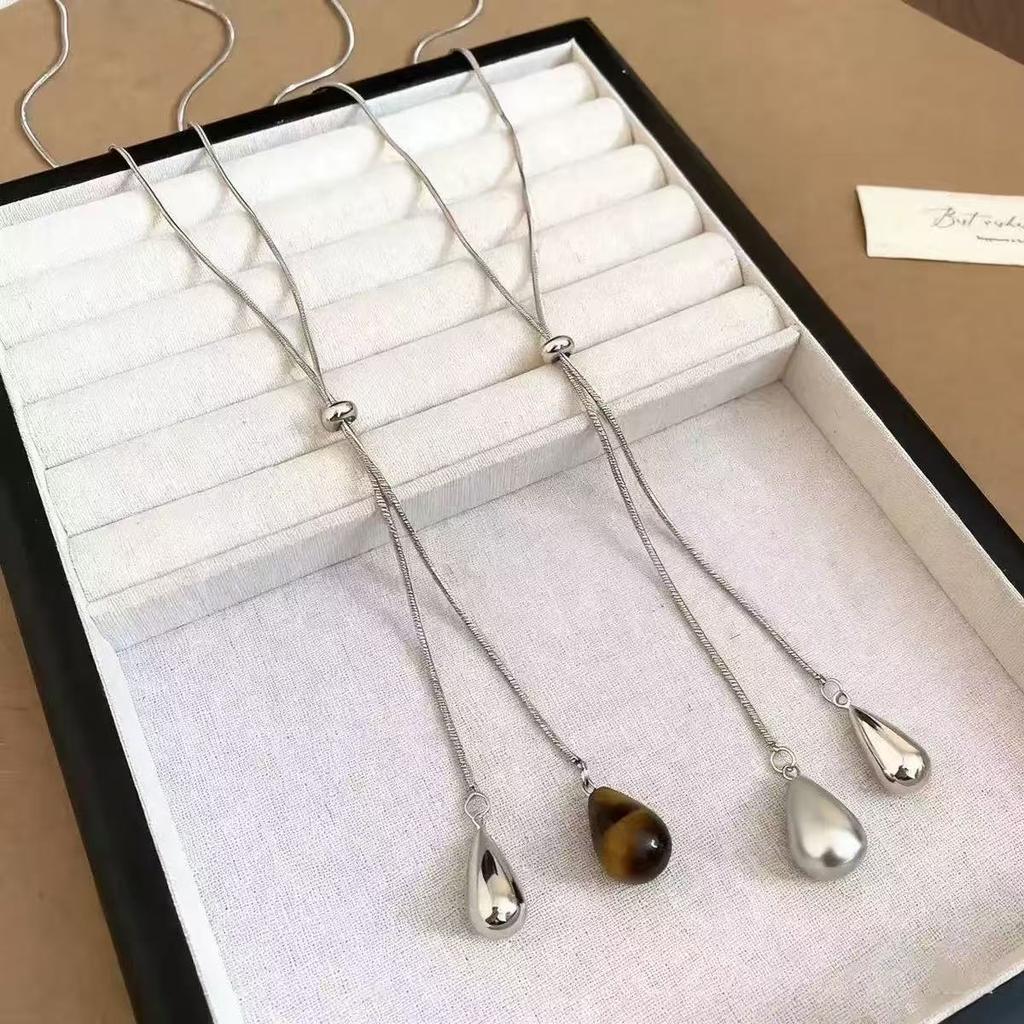 Tiger's eye stone water drop pulling necklace women's 1111 new popular light luxury niche design long sweater chain accessories