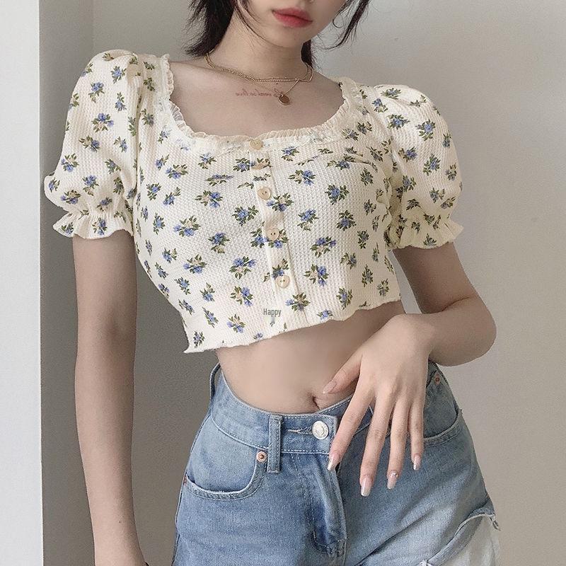 2025 Summer Women's Retro Floral Puff Sleeve Square Neck Crop Top