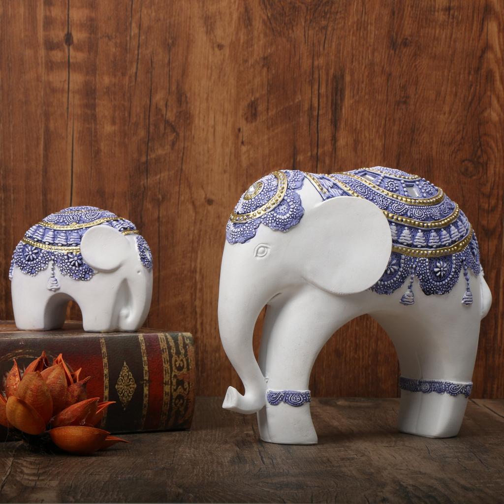 Blue and White Trunk-Up Elephant Sculpture -Prosperity and Good Luck Charm, Ldeal Home Décor & Universal Gift