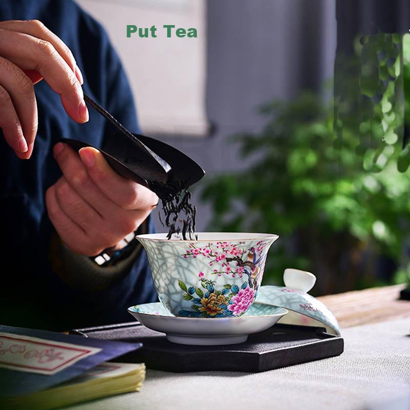 BORREY Chinese Ceramic Magpie Gaiwan Tea Set Kung Fu Tea White Porcelain Gai Wan Outline In Saucer Teaware Ceremony Dish Tea Cup