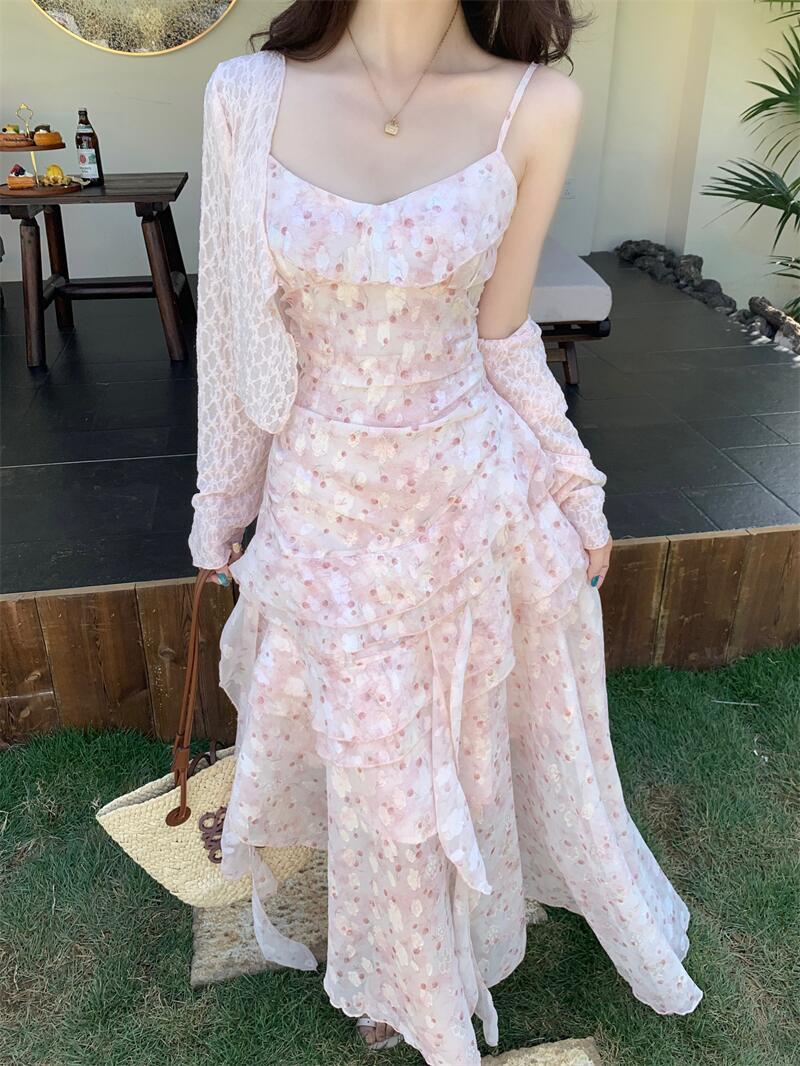 Women s Floral Print Camisole Dress & Cardigan Two-Piece Set - Spring Lace Long Dress 3XL
