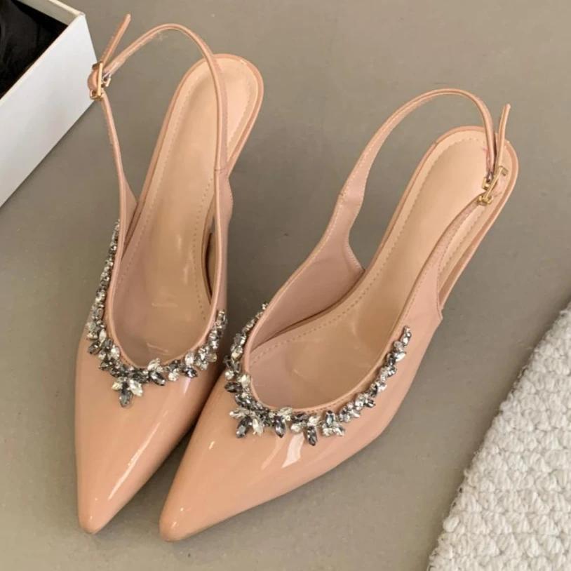 Fashion Sexy Fashion Black Patent Leather Strap with Pearl Pointed High Heels Women Shoes Casual Back Buckle Pumps Summer 2025