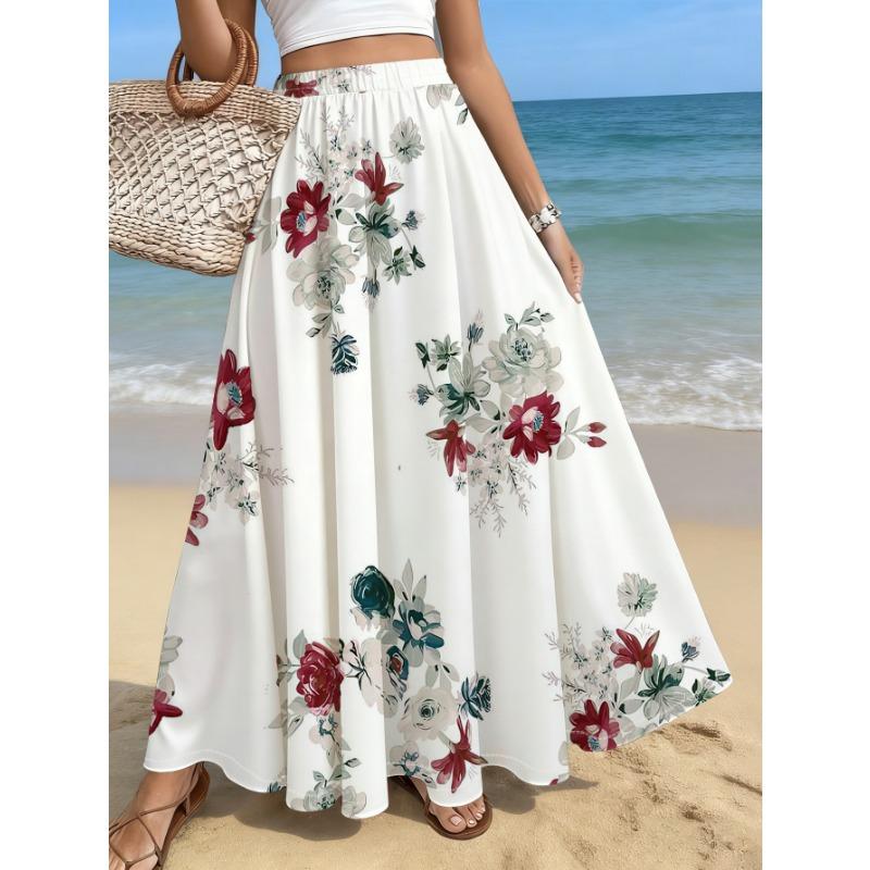 Womens Maxi Skirt with Bold Red Floral Print, Perfect for Beach, Vacation, Summer Outings