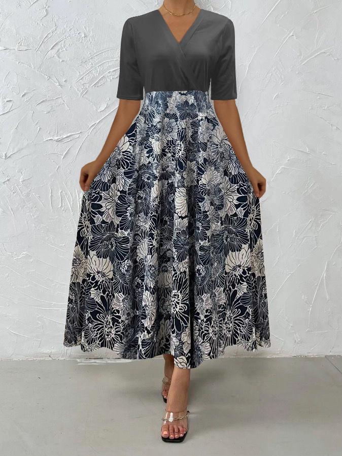 New women's clothing European and American printed medium and long dress splicing temperament commuter v-neck dress