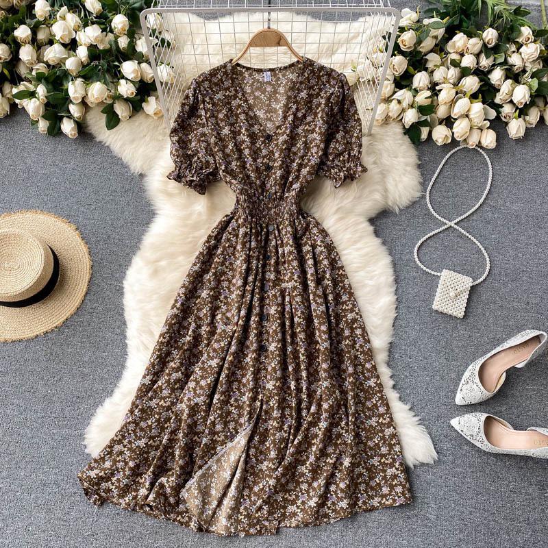 French-Style Retro Floral Dress with Puff Sleeves and Button-Up Slim Fit
