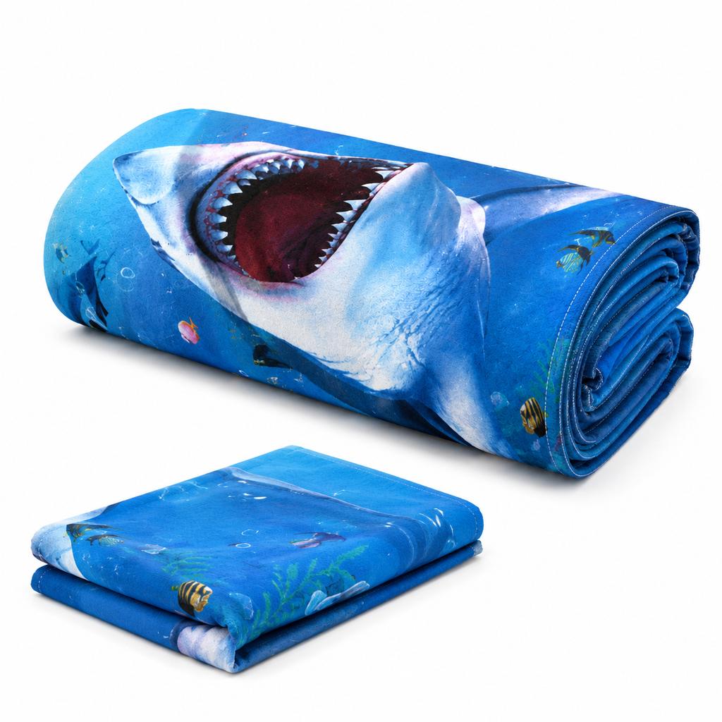 Cool Shark Beach Towel 3D Ocean Print Quick Dry Pool Bath Towel For Men Boys Kids Summer Vacation Travel Accessory