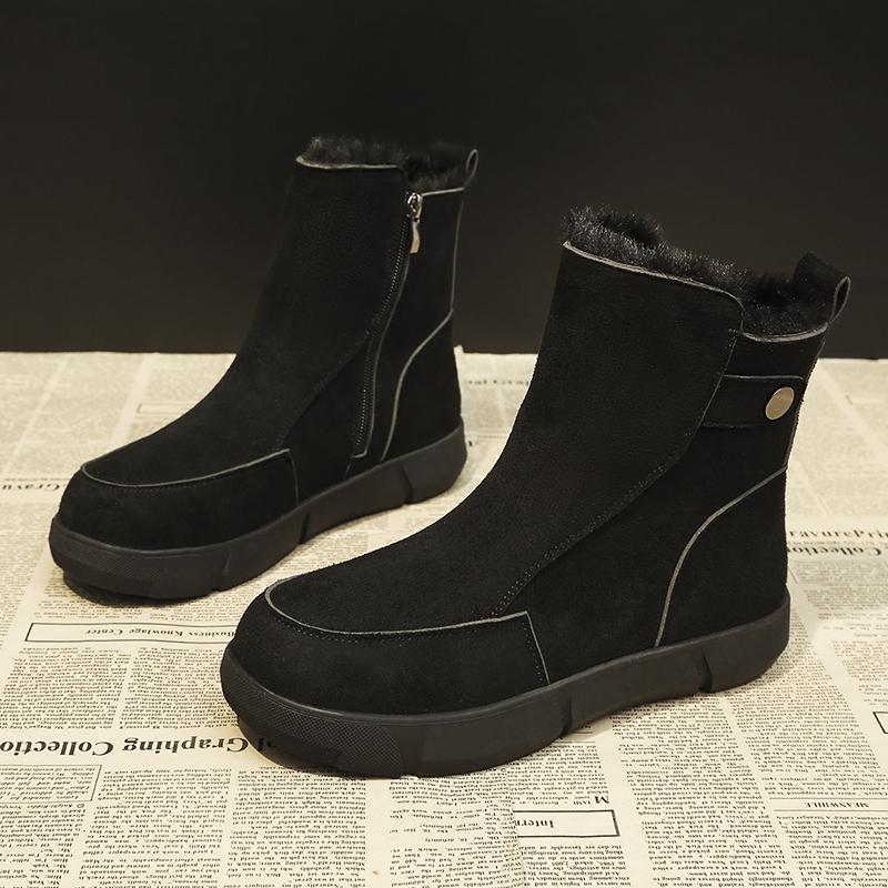 Suede Flats Fur Ankle Women Snow Boots Cozy Warm Plush Cotton Shoes Fashion Mid Heels Boots Woman Trend Goth Chelsea Botas Mujer