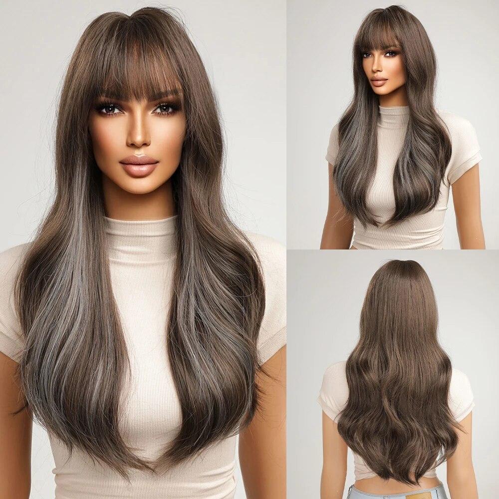 Long Water Wave Synthetic Wigs with Bangs Natural Ginger Brown Loose Curly Wavy Wig for Black White Women Heat Resistant Daily