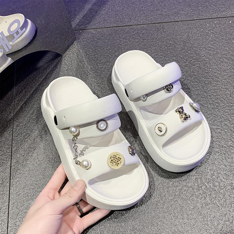 

Women s pearl lanyard sandals two-character flat-soled beach sandals platform slippers 35-36 [Pearl Lanyard] чёрный