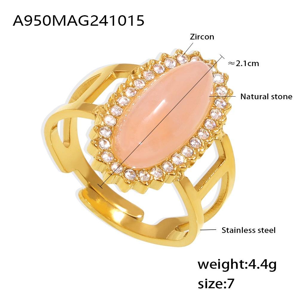 3A Zircon Inlaid Natural Stone Opening Ring 316 Titanium Steel Plated with 18K Gold Adjustable