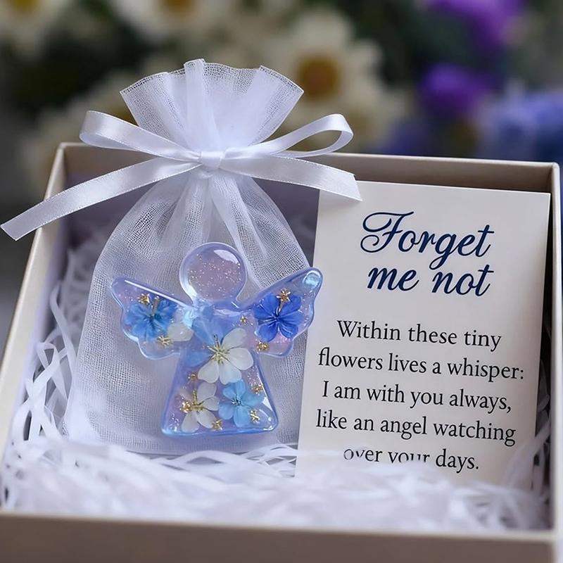 Unutma Beni Kurutulmuş Çiçek Melek Hatırası, Organze Çanta ve Başsağlığı Kartı ile Mini Reçine Koruyucu Melek Figürü