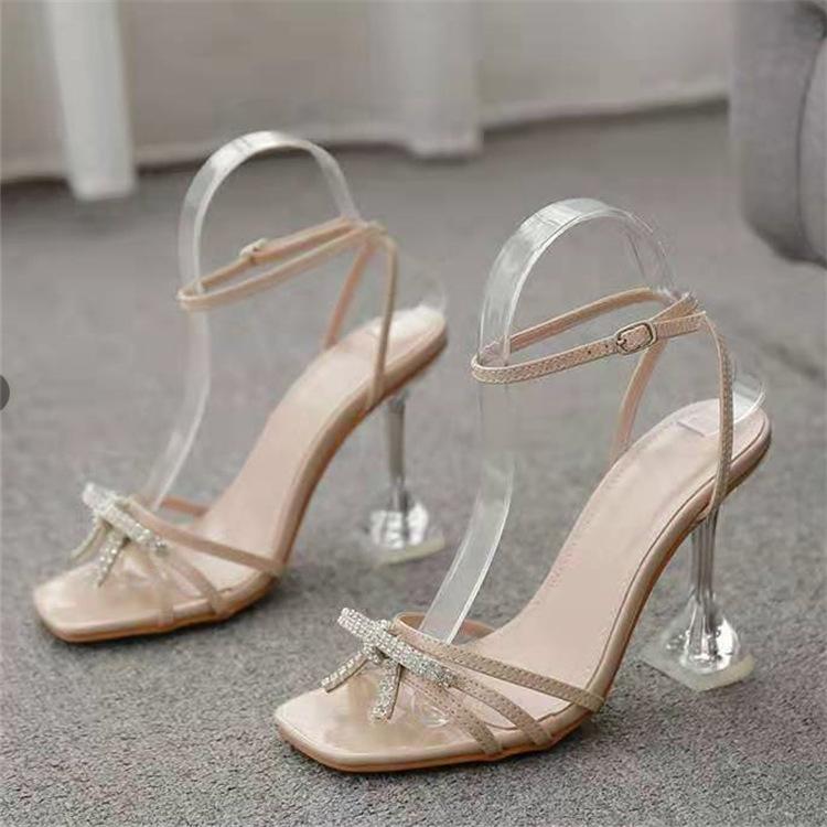 Large Size High-heeled Sandals Women Outside Wear Rhinestone Bow Solid Color Fine High Heels