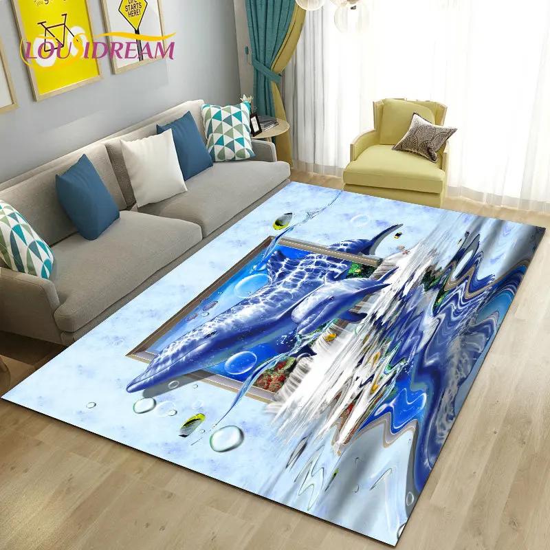 3D illusion Underwater World Seabed Dolphin Shark Area Rug ,Carpet Rug for Living Room Bedroom Sofa Doormat Non-slip Floor Mat