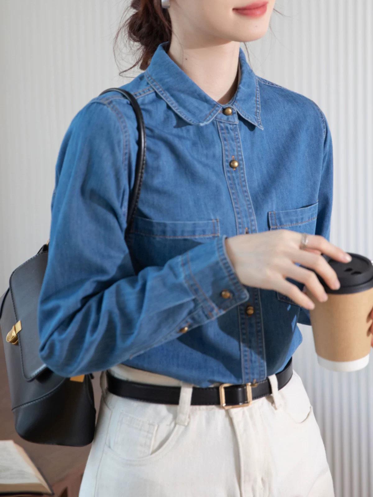 Retro Hong Kong Blue Denim Women s Long Sleeve Lapel Shirt for Spring 2026 Medium синий