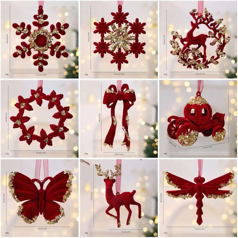 New Red Xmas Tree Ornament Bowknot Flower Wreath Christmas Tree Pendant Flocked Hanging Hanging Ornaments Party Supplies