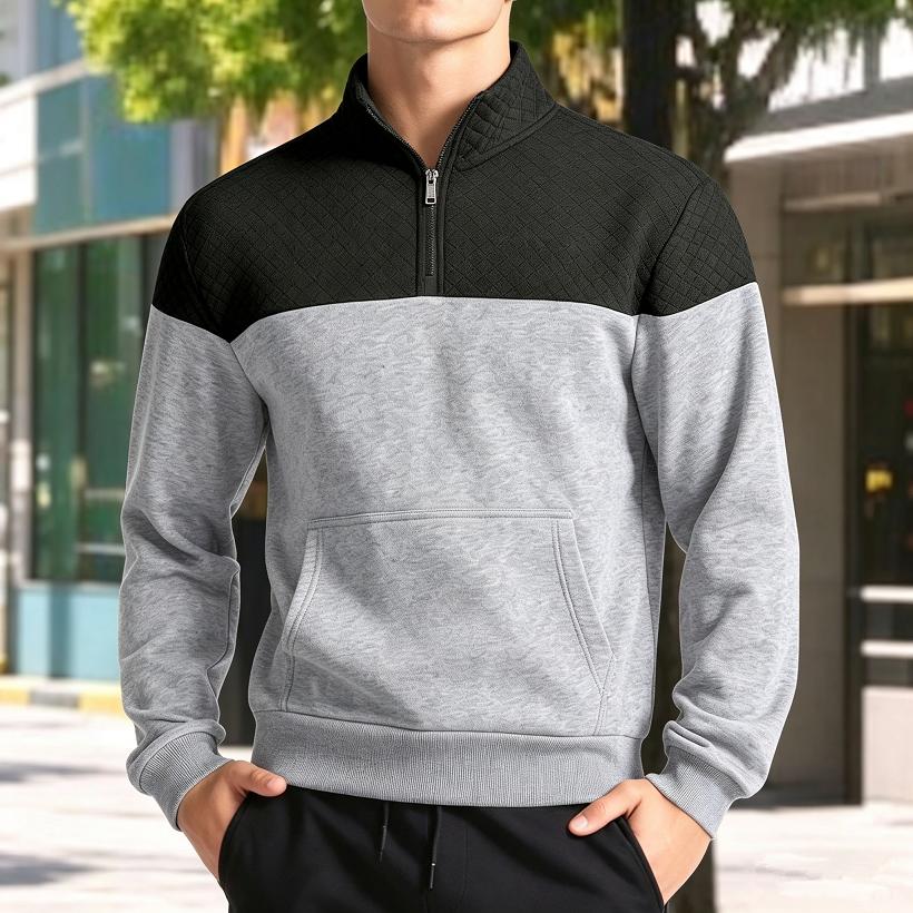 Men Color Block Quarter Zip Sweatshirt Mock Neck Pullover with Kangaroo Pocket Ribbed Cuffs Hem Long Sleeve Spring Fall Casual Streetwear Top