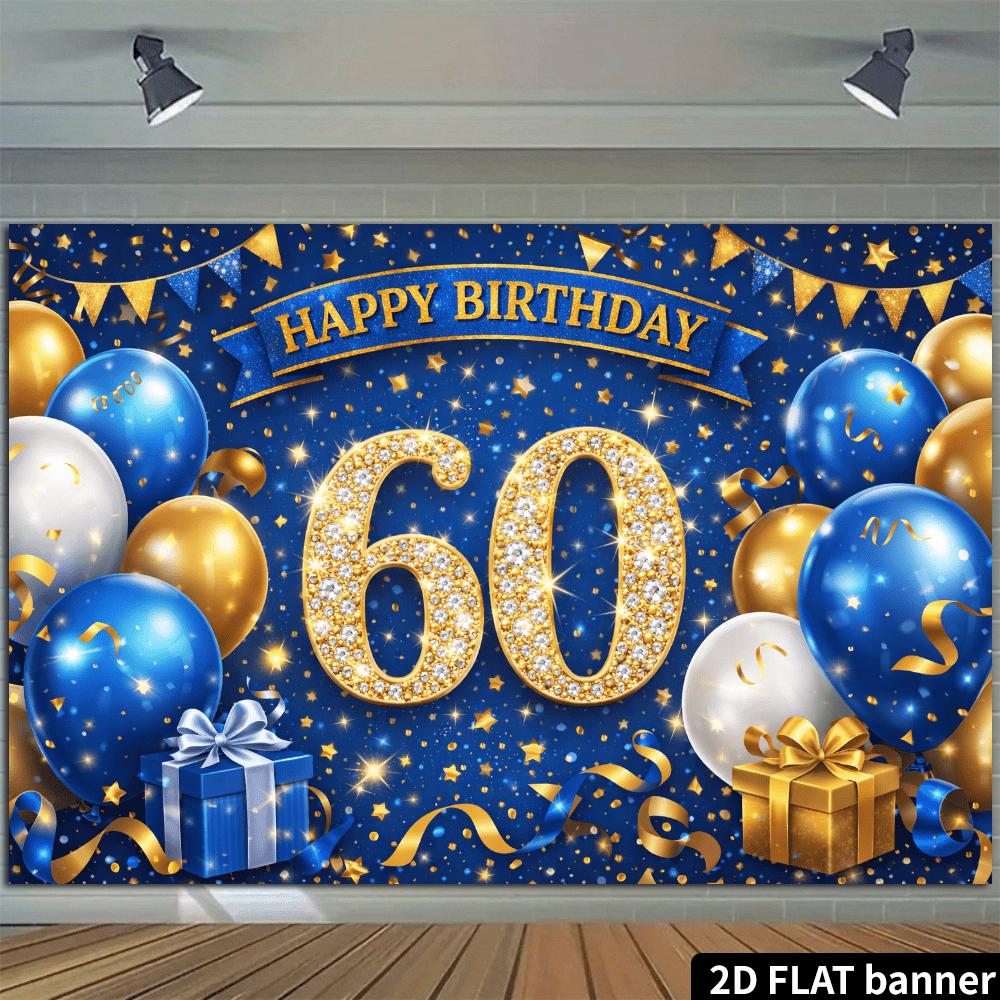 2D plane 60-year-old diamond-encrusted digital birthday background cloth, navy blue starry background with diamond encrations