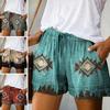 Trendy Women Summer Shorts Elastic Waistband Loose Fit Sweat Absorbing Retro Print Drawstring Thin Shorts
