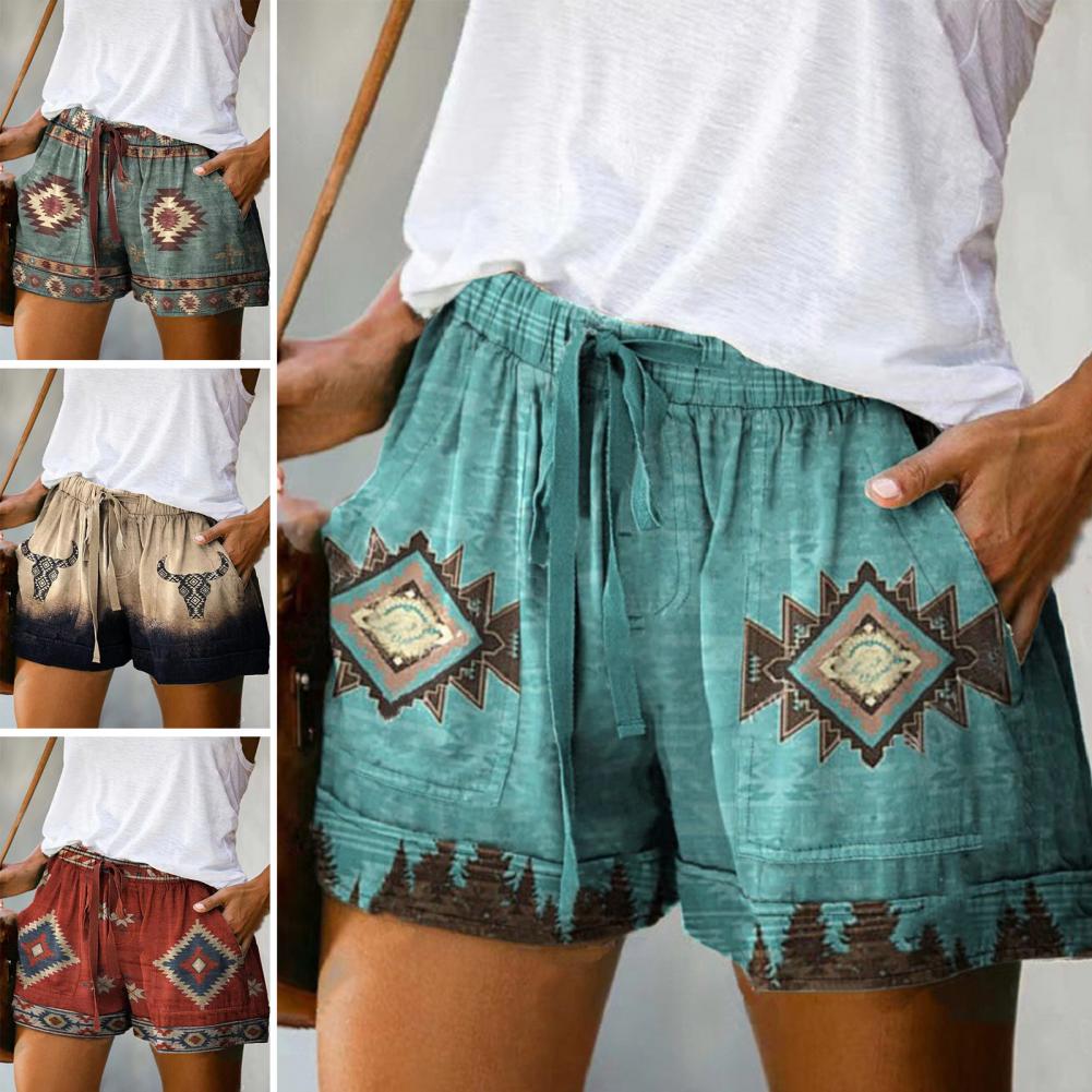 Trendy Women Summer Shorts Elastic Waistband Loose Fit Sweat Absorbing Retro Print Drawstring Thin Shorts