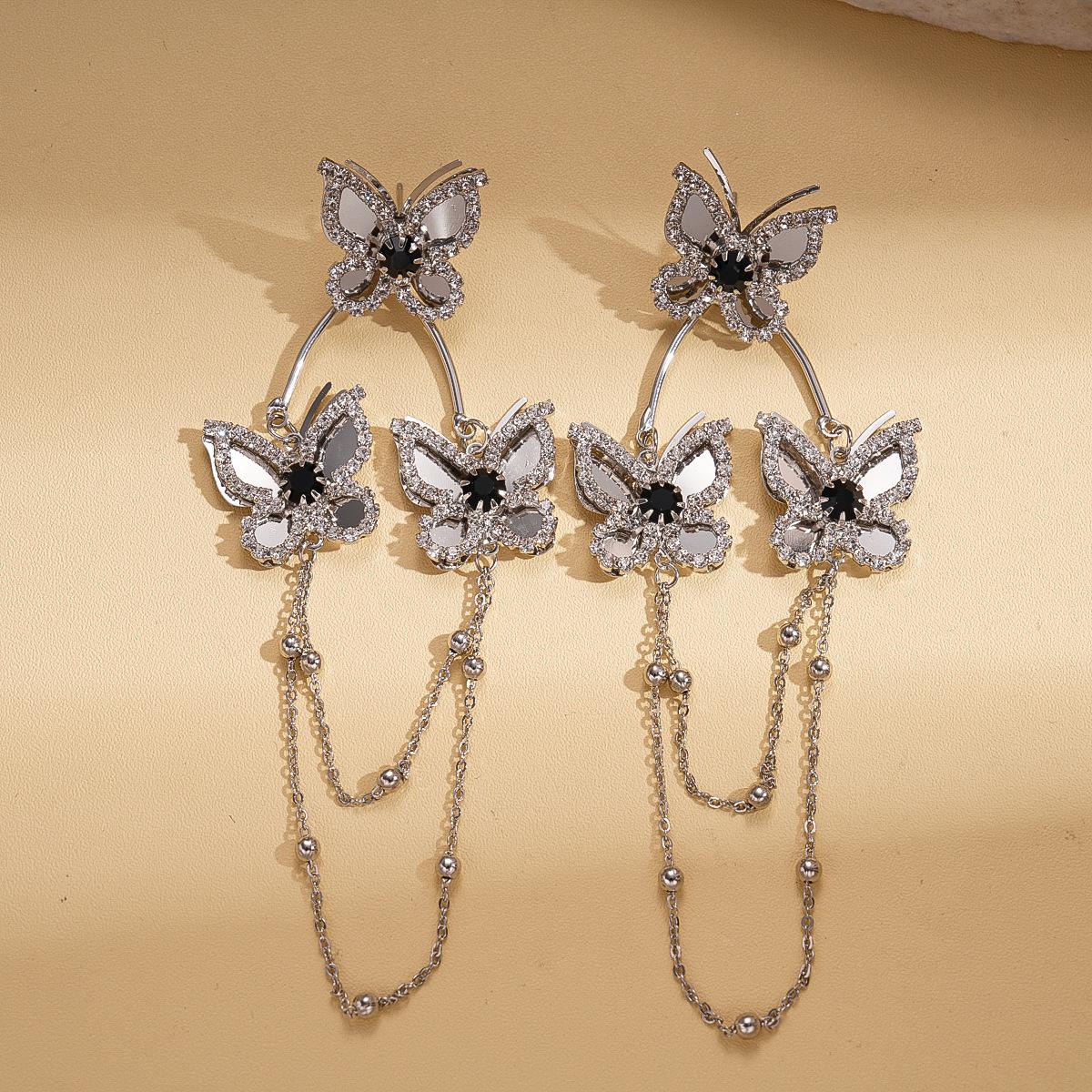 Diamond-set butterfly tassel silver needle earrings exquisite earrings