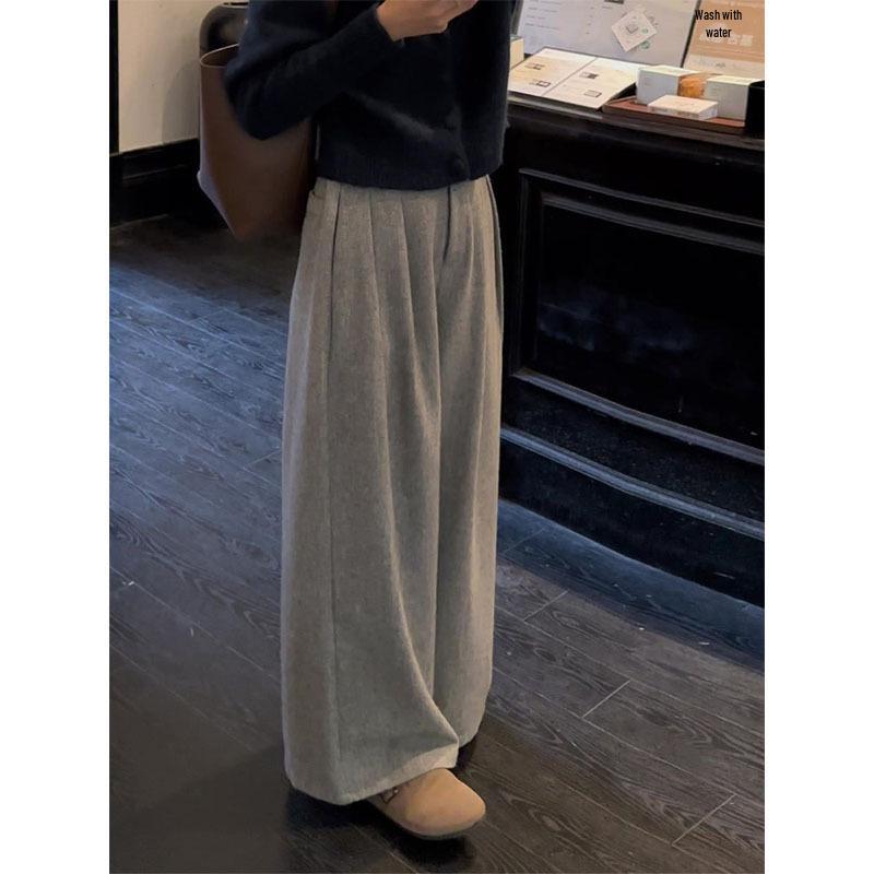 Korean Style Wide-Leg Pleated Wool Pants, Winter 2025 Versatile Women s Plus Velvet Straight Casual Trousers S