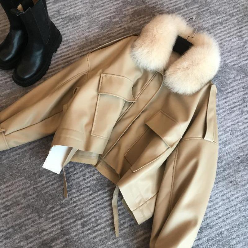 Fleece thickened leather jacket short removable 2 autumn and winter new products imitation fox fur collar fur integrated jacket women's clothing