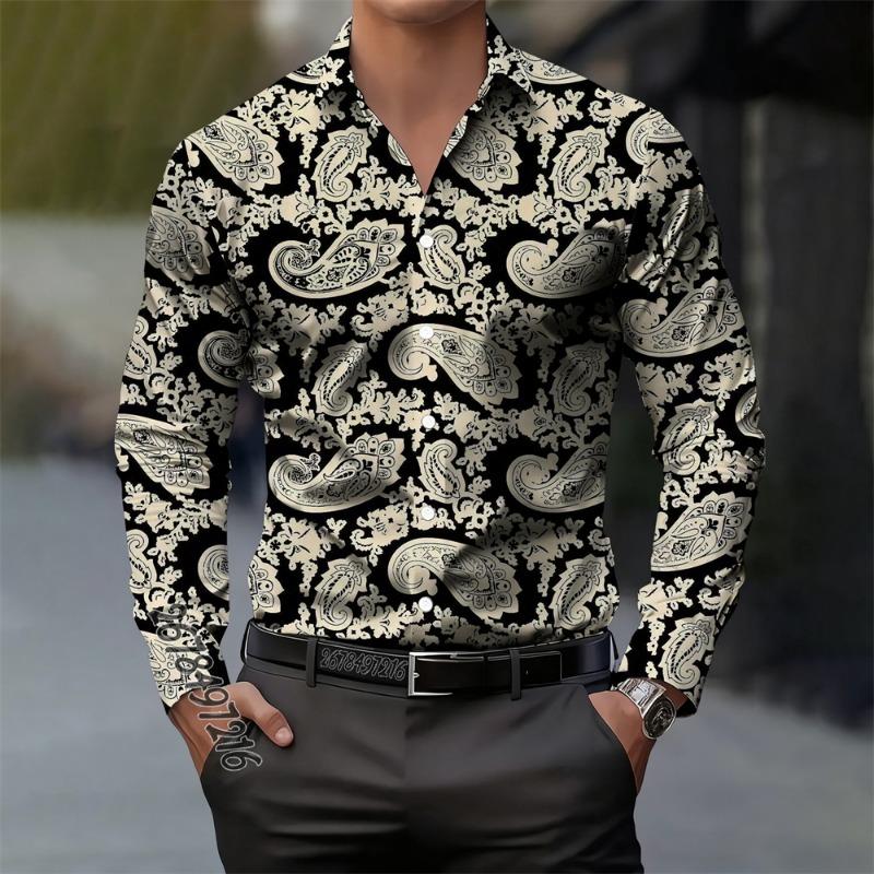 Camicia da uomo vintage in cashmere con stampa floreale paisley a maniche lunghe, casual, elegante, alla moda, comoda, alta qualità, top da uomo con colletto