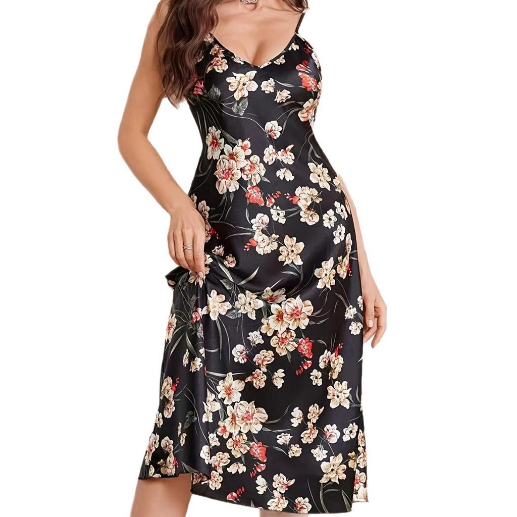 European & American Ice Silk Camisole Dress - Breathable, Sexy Imitation Silk Pajamas Nightgown for Women