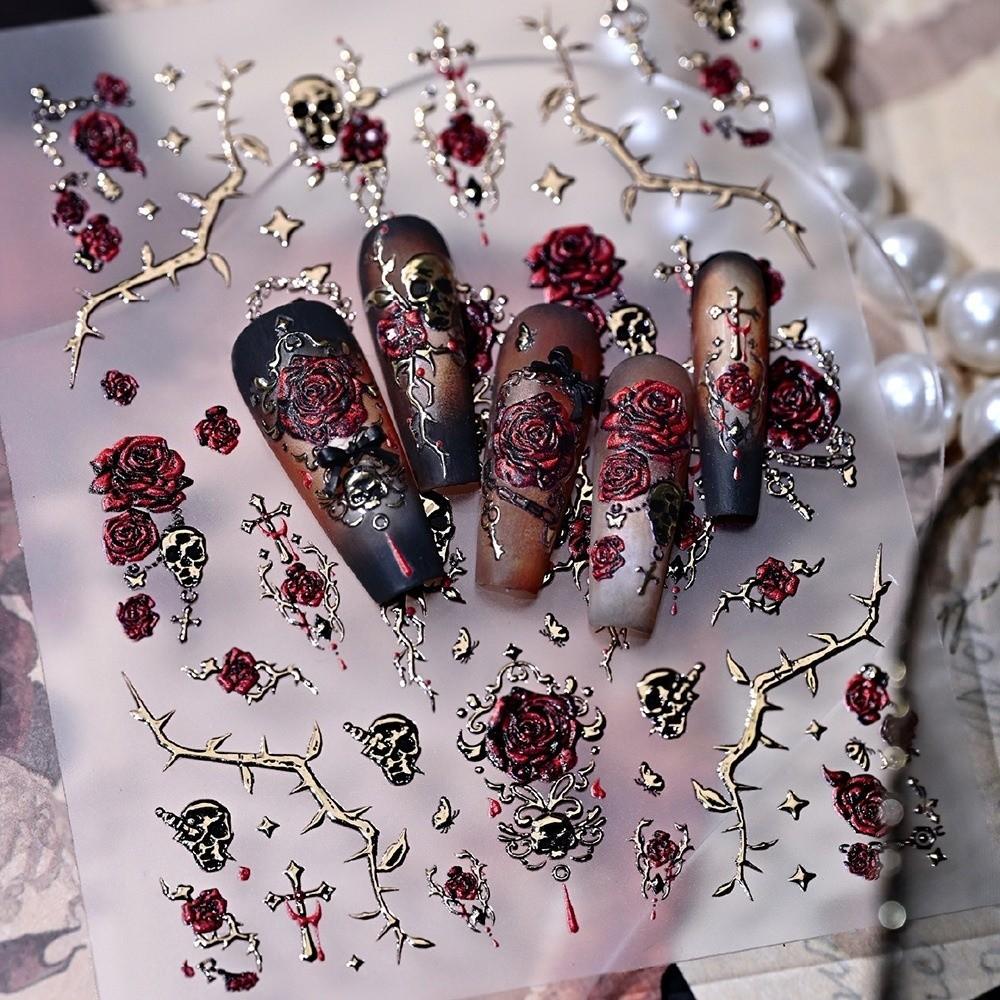 Halloween Nails Blood Rose Nail Stickers Self-adhesive Bronzing Nail Stickers Floral Nail Decals