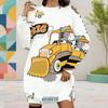 Women Plus Size Round Neck Long Sleeve Cartoon Printed White Yellow Sweatshirt Dress