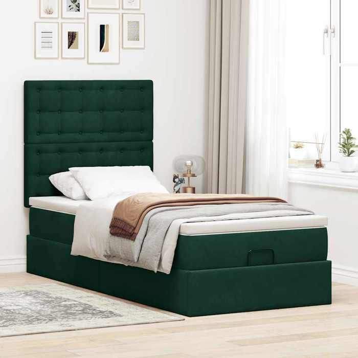 Exclusive House - Ottoman Bed Frame with Dark Green Mattress 100x200 Cm Velvet