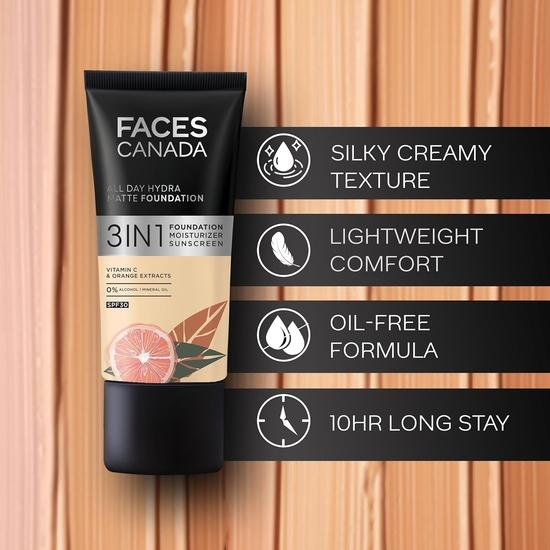 FACESCANADA All Day Hydra Matte Foundation Cream| 3-In-1 Foundation + Moisturizer + Spf 30 | 24 Hr Aloe Hydration & Vitamin C | 10Hr Long Wear  | 25Ml