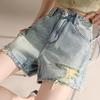 RAIN.CUN Women's Retro Distressed High-Waist A-Line Wide-Leg Denim Shorts