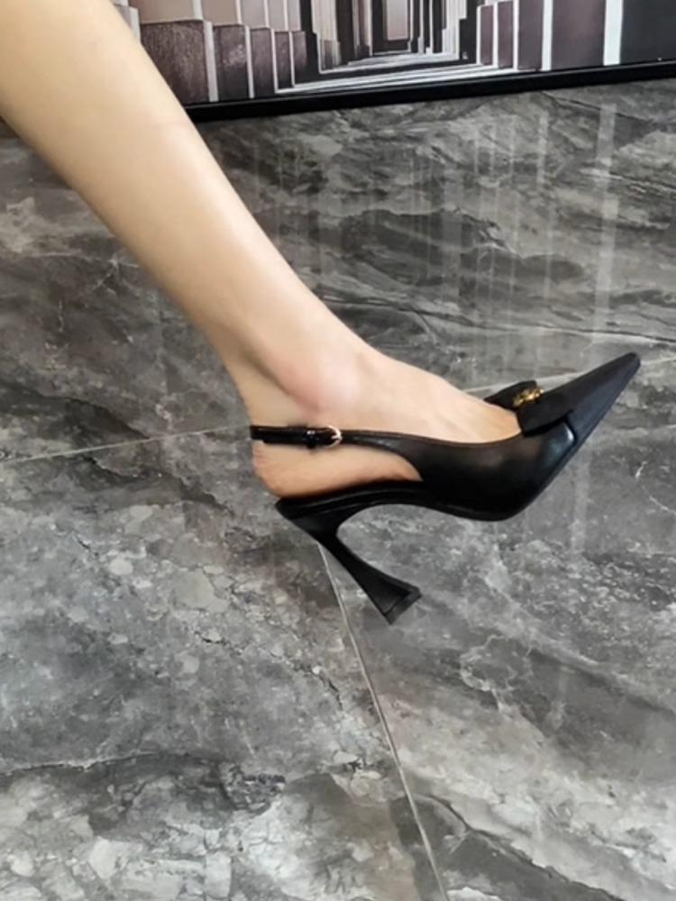 Black word with hollow bow camellia sandals women's horseshoe heel breathable comfortable pointed fashion high heels